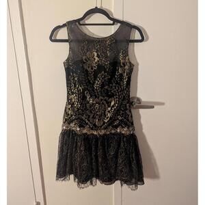 Marchesa Notte metallic embroidered black and gold lace dress